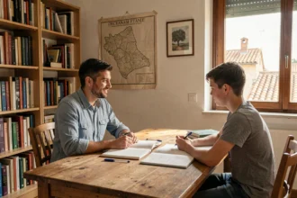 Un professeur particulier et un élève travaillent ensemble autour d'une table en bois dans un bureau chaleureux en Haute-Garonne