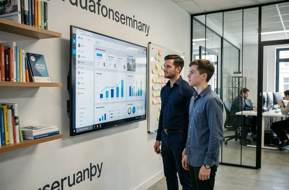 Mentor et apprenti en alternance marketing digital analysant un tableau de bord de campagne dans une agence parisienne