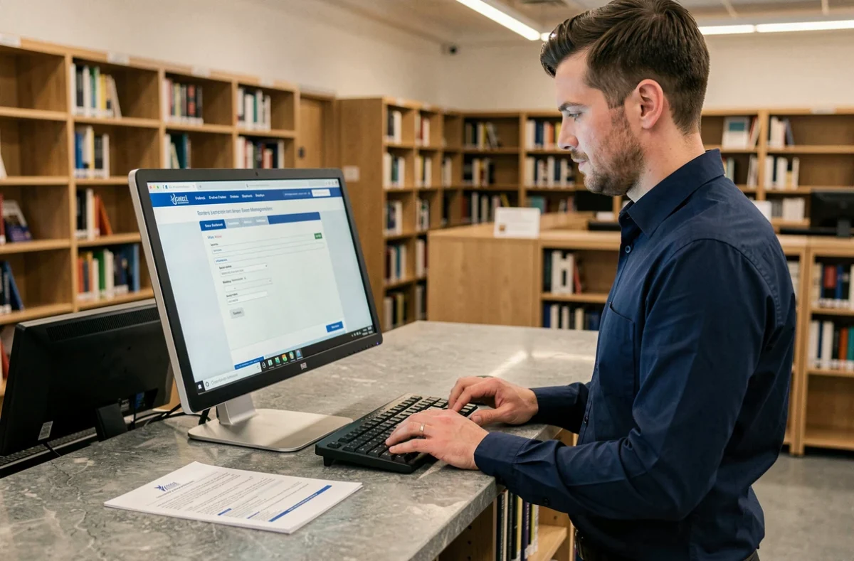 Homme consultant et modifiant ses informations d'inscription sur le site Cyclades dans une bibliothèque publique