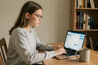 Jeune femme mettant à jour ses données personnelles sur un portail administratif en ligne depuis son bureau à domicile