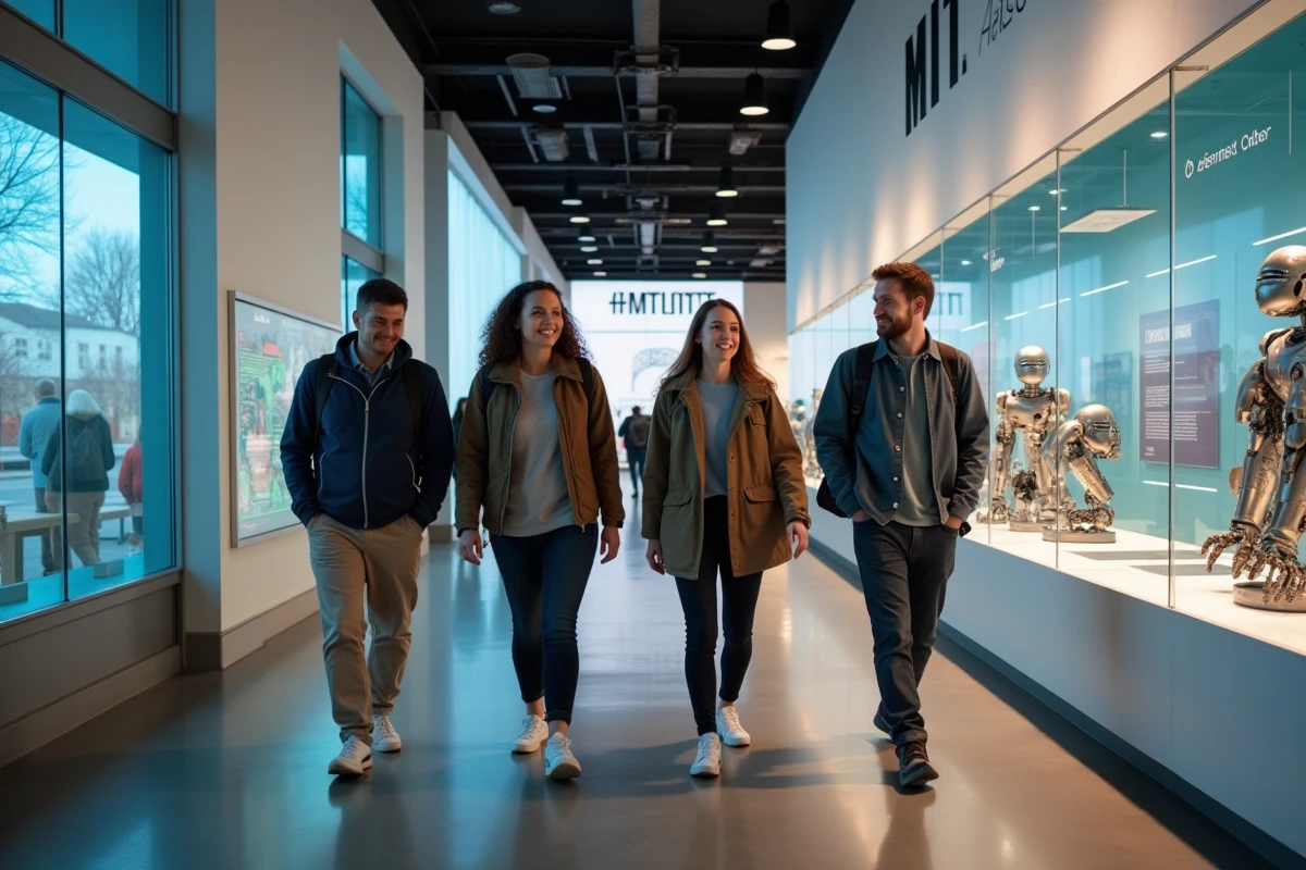 Groupe de visiteurs explorant les expositions scientifiques interactives au MIT Museum de Cambridge Massachusetts
