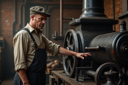 Ouvrier industriel du 19e siècle près d'une machine à vapeur
