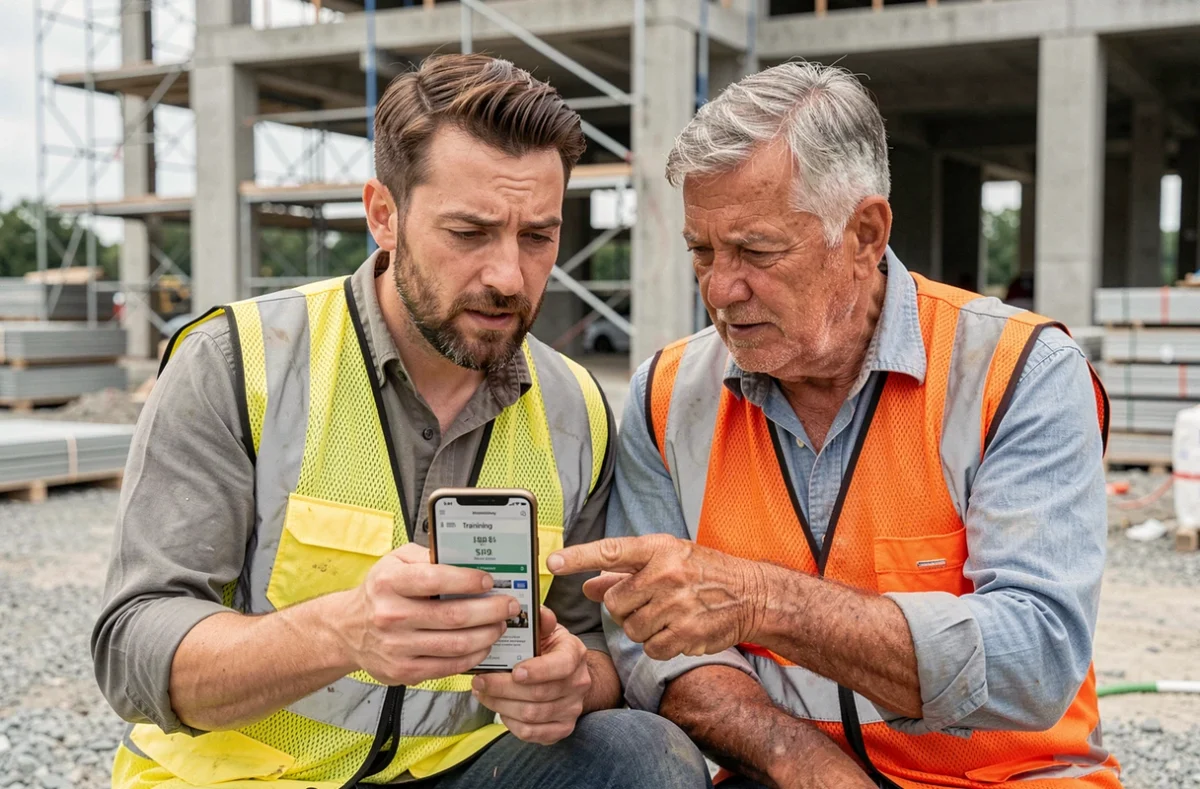 Deux ouvriers BTP consultant les prix de formation sur smartphone pendant une pause chantier