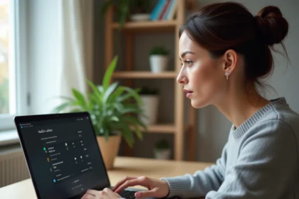 Femme paramétrant les notifications sur son ordinateur portable dans un bureau minimaliste à domicile