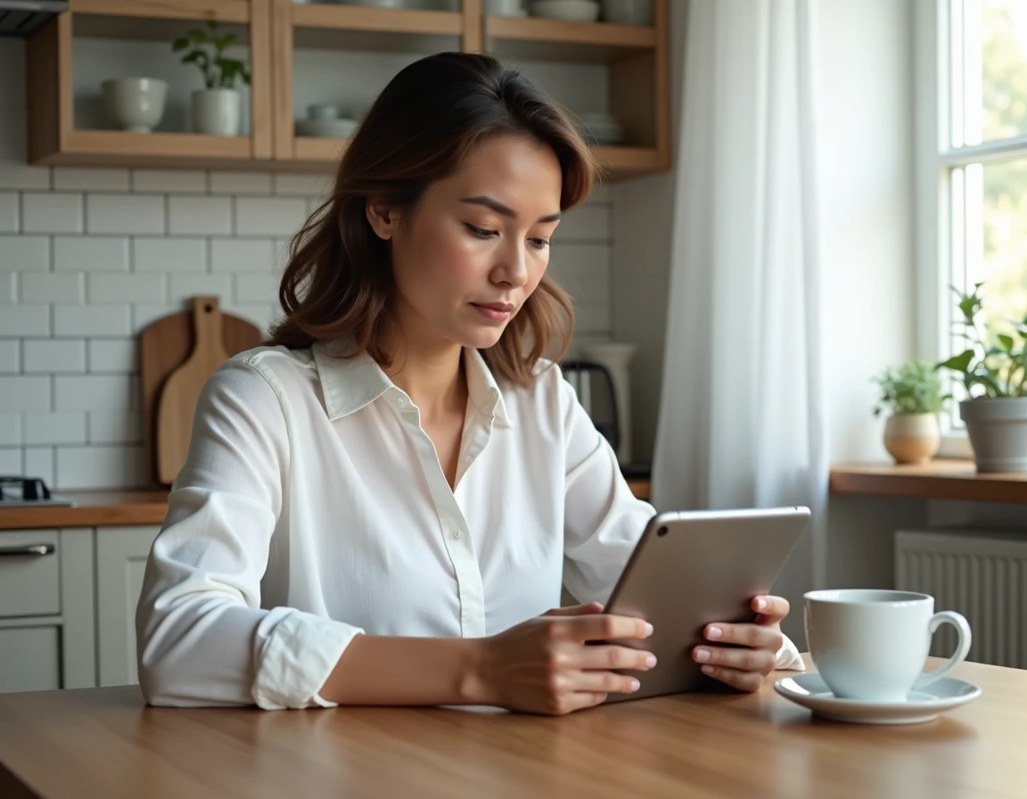 Femme consultant les paramètres d'alertes sur une tablette dans une cuisine lumineuse