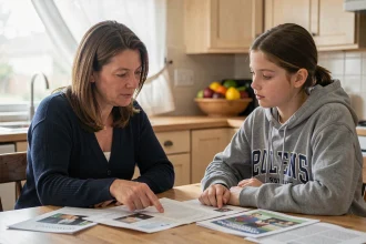 Mère et lycéenne discutant de documents sur la différence entre titre professionnel et diplôme autour d'une table de cuisine