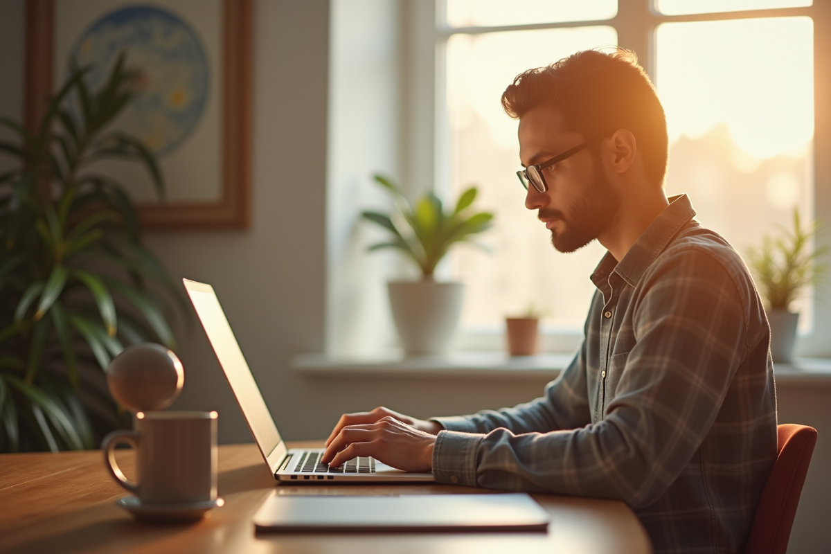 Personne concentrée travaillant sur un ordinateur portable dans un bureau lumineux
