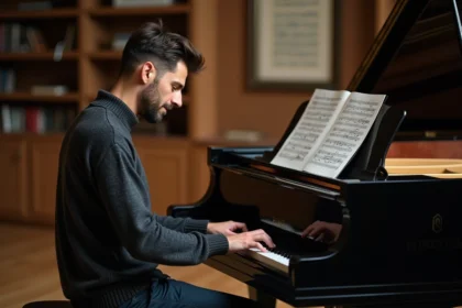 Pianiste adulte étudiant le passage de la clé de sol à la clé de fa sur une partition de piano à queue