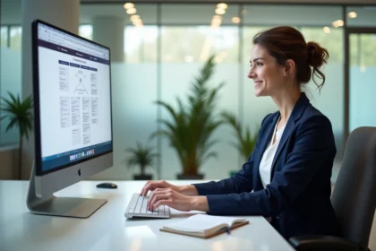 Femme professionnelle consultant une plateforme de gestion des formations en entreprise sur un grand écran dans un bureau moderne