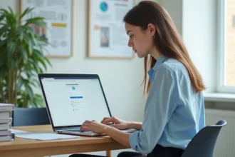 Jeune enseignante se connectant pour la première fois sur le portail académique id.ac-versailles.fr depuis son bureau administratif