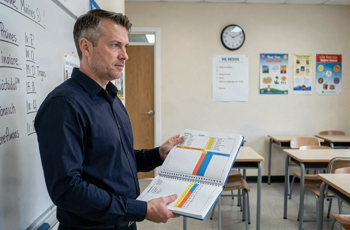 Professeur consultant son cahier de suivi élèves devant un tableau blanc dans une classe organisée
