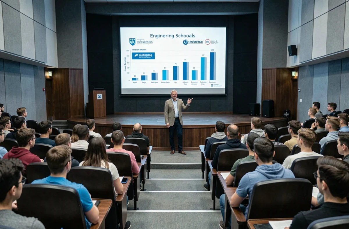 Professeur présentant un classement des écoles d'ingénieurs 2026 dans un amphithéâtre universitaire
