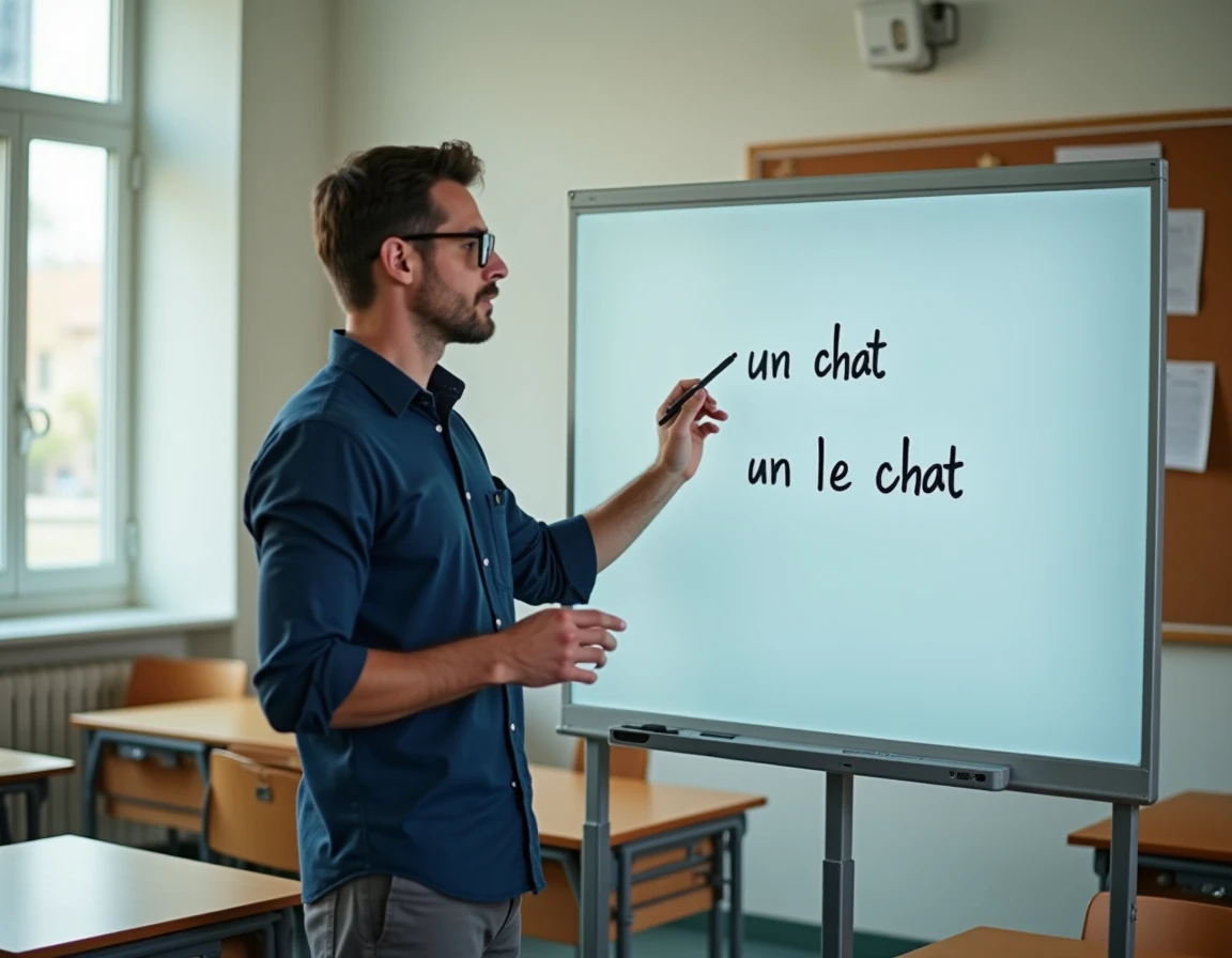 Enseignant de français expliquant l'usage des articles définis et indéfinis au tableau blanc dans une salle de classe