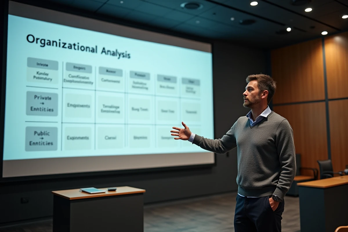 Professeur expliquant la grille d'analyse STMG pour entreprise et organisation publique