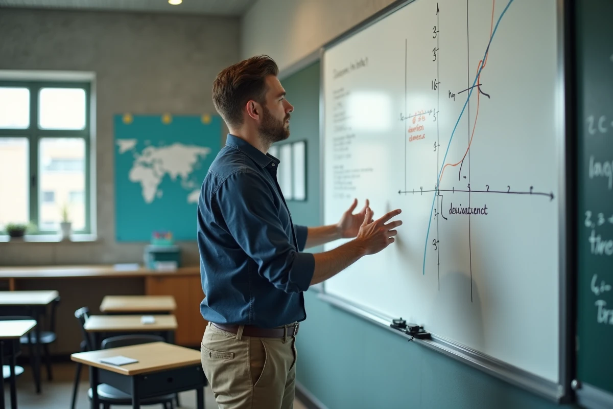 Professeur de mathématiques expliquant la tangente à une courbe et la dérivée au tableau blanc