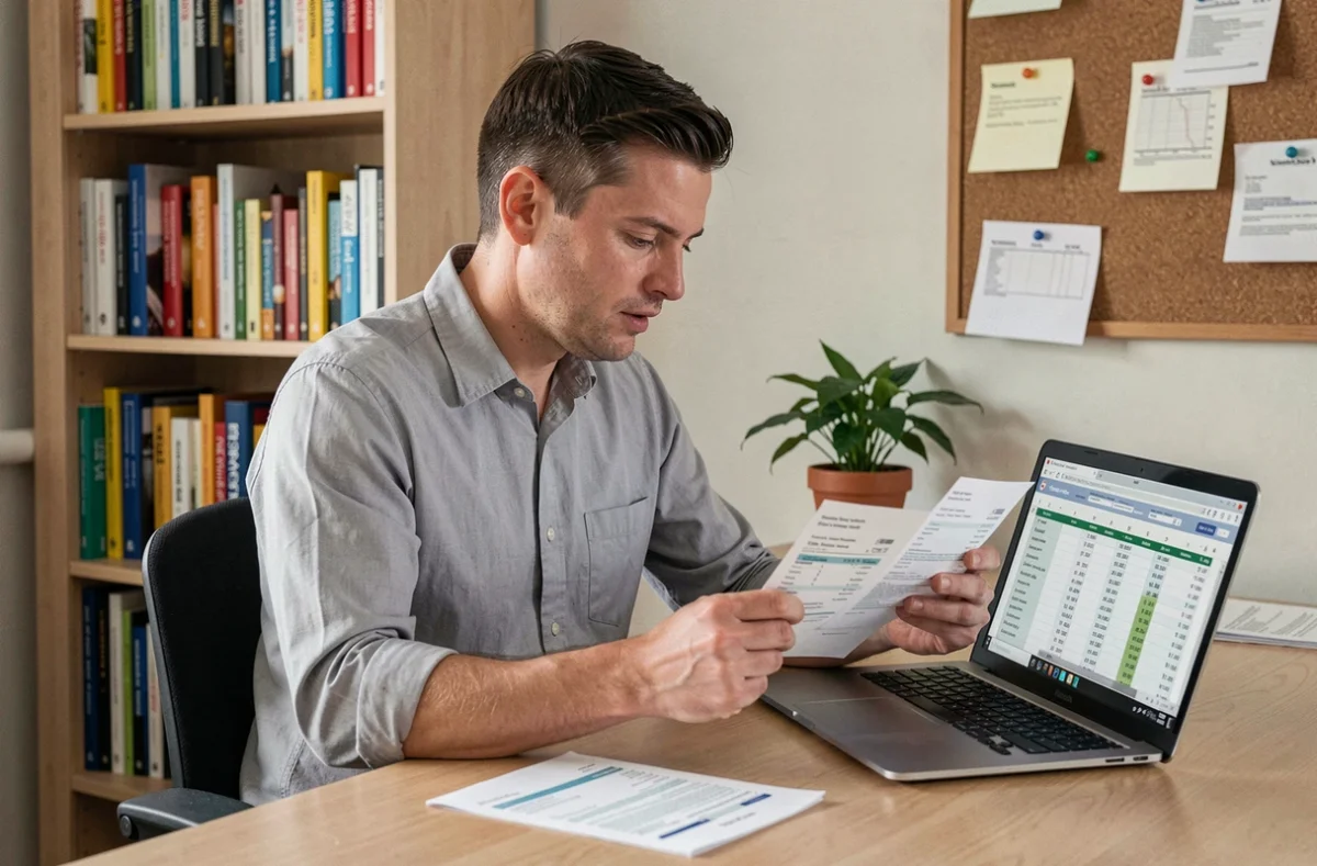 Instituteur comparant ses fiches de paie sur son bureau à domicile avec un ordinateur portable