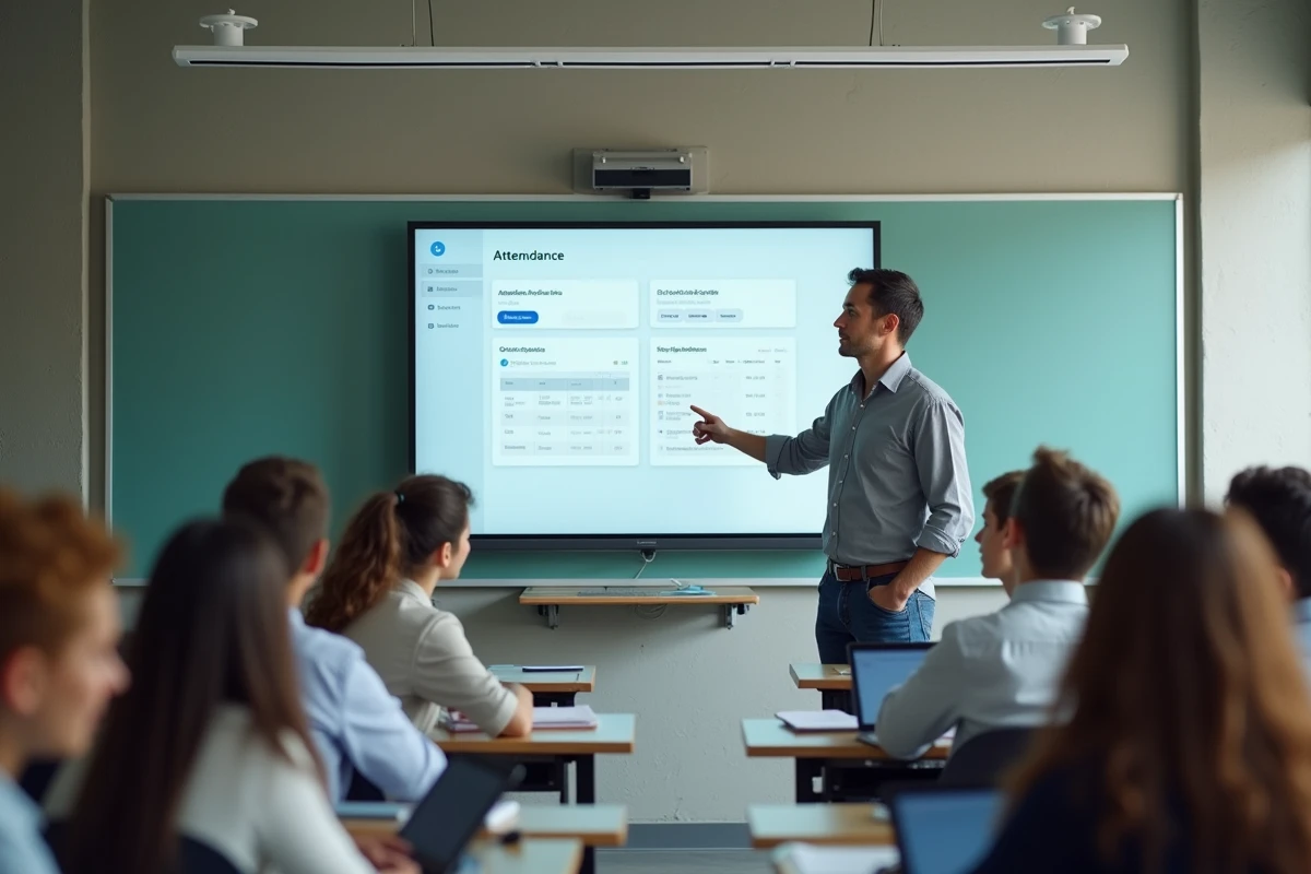 Professeur présentant un tableau de bord numérique Scolaweb sur tableau interactif devant ses élèves