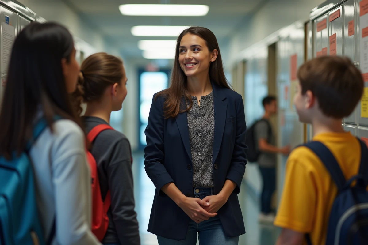 Professeure souriante parlant avec des élèves dans le couloir