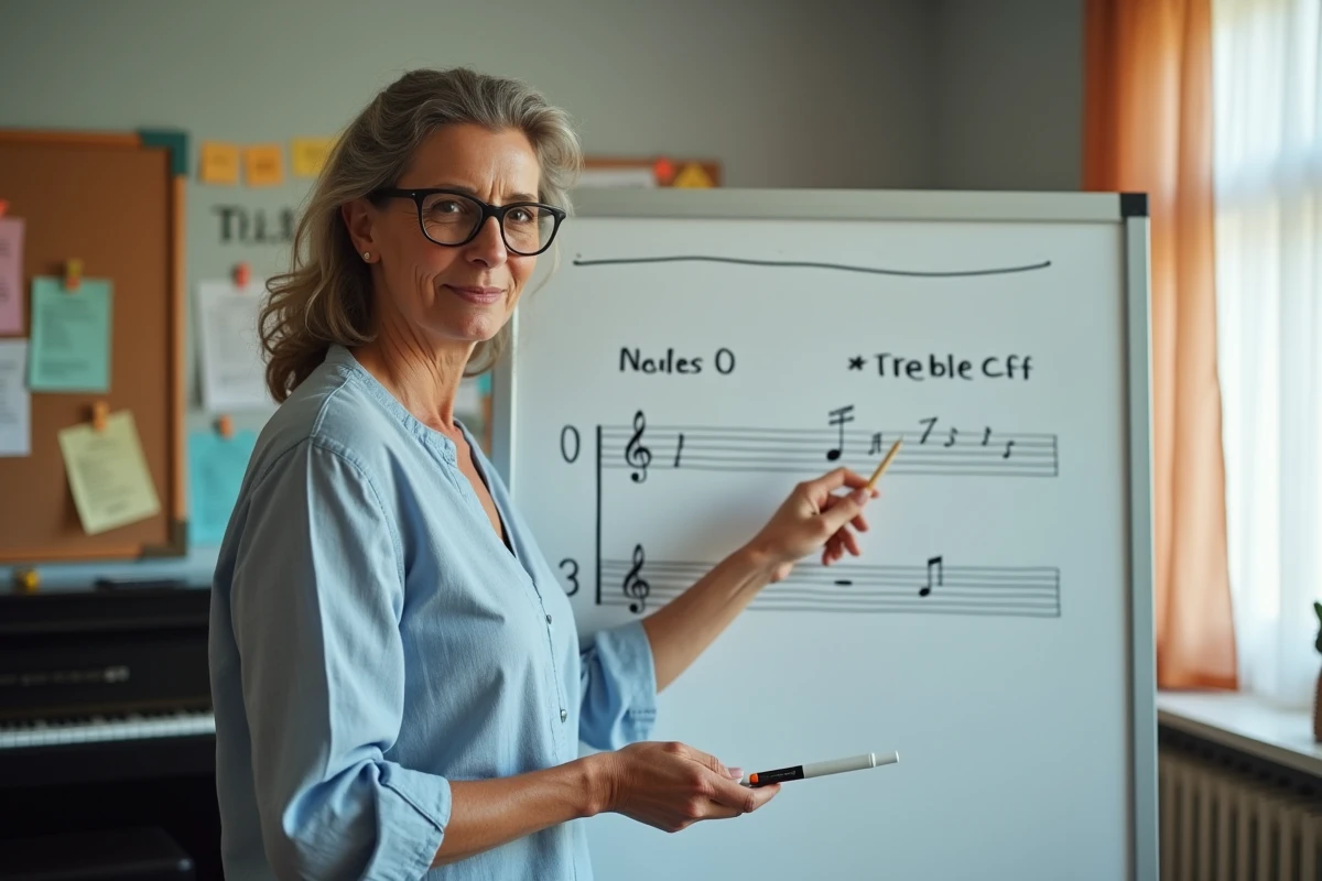 Professeure de musique expliquant la différence entre la clé de sol et la clé de fa sur un tableau blanc en classe