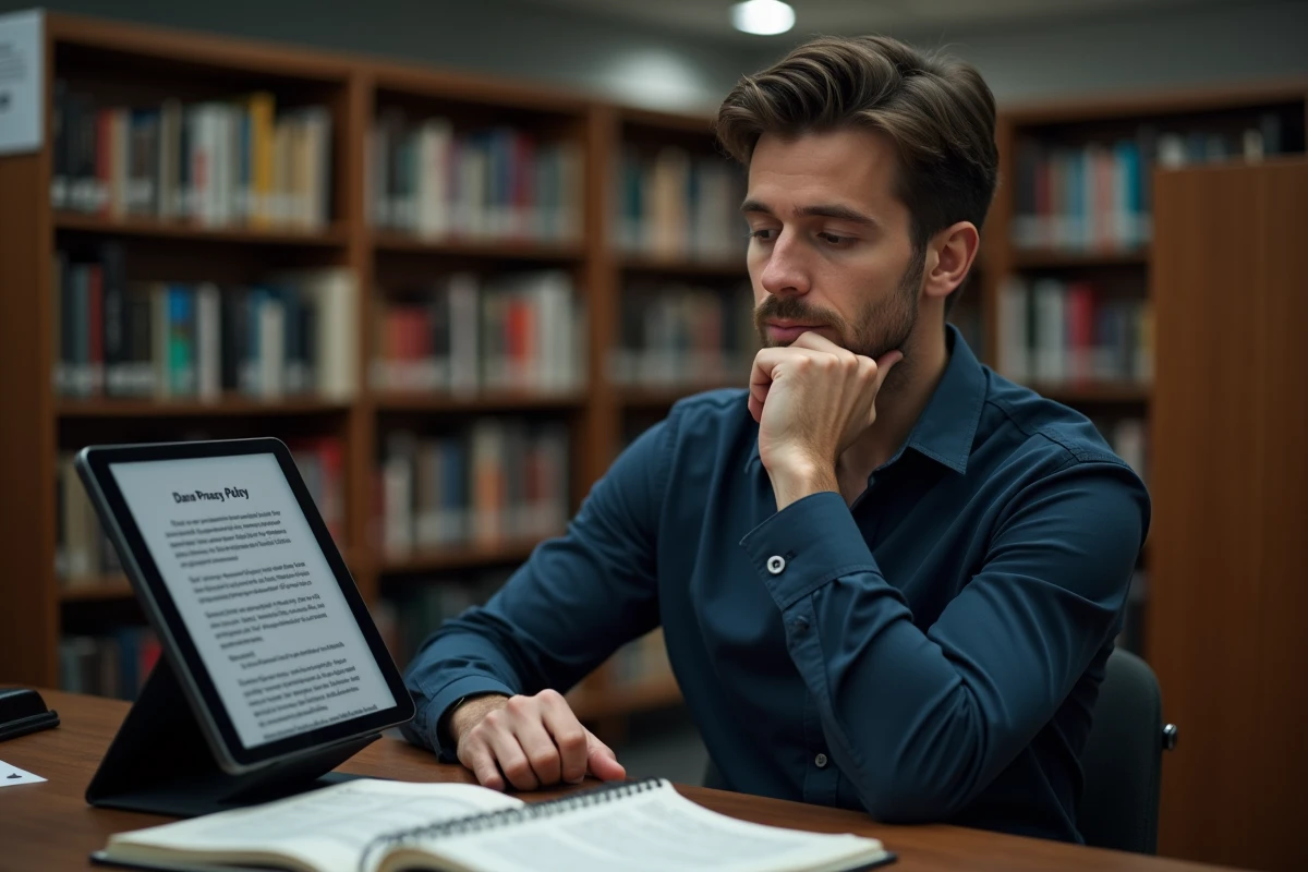 Homme consultant la politique de protection des données d'examen sur une tablette dans une bibliothèque universitaire