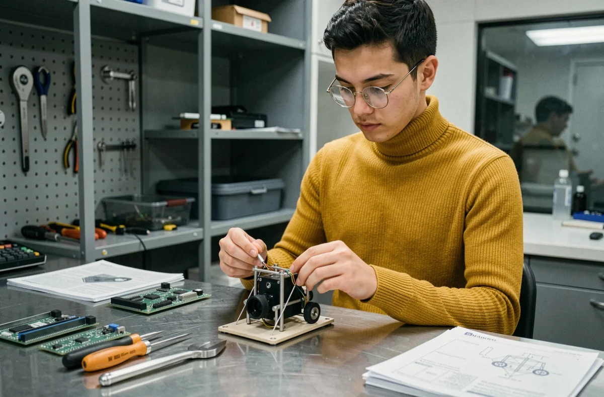 Personne assemblant un prototype technique dans un laboratoire de fabrication créative