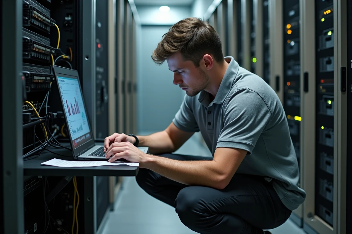 Responsable informatique d'un établissement scolaire configurant le système de gestion numérique Easy Scol dans une salle serveur