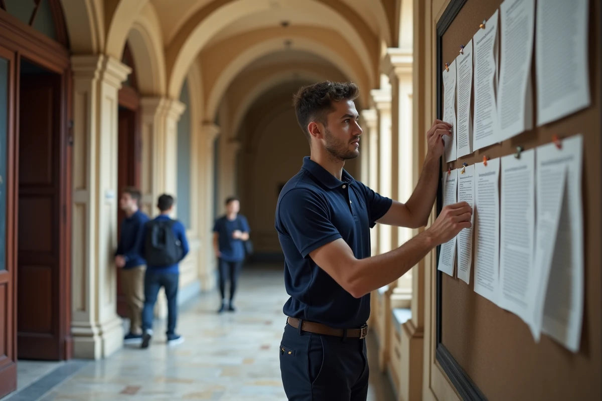 Étudiant affichant les résultats d'admission SIGEM sur un panneau dans le couloir d'une grande école française