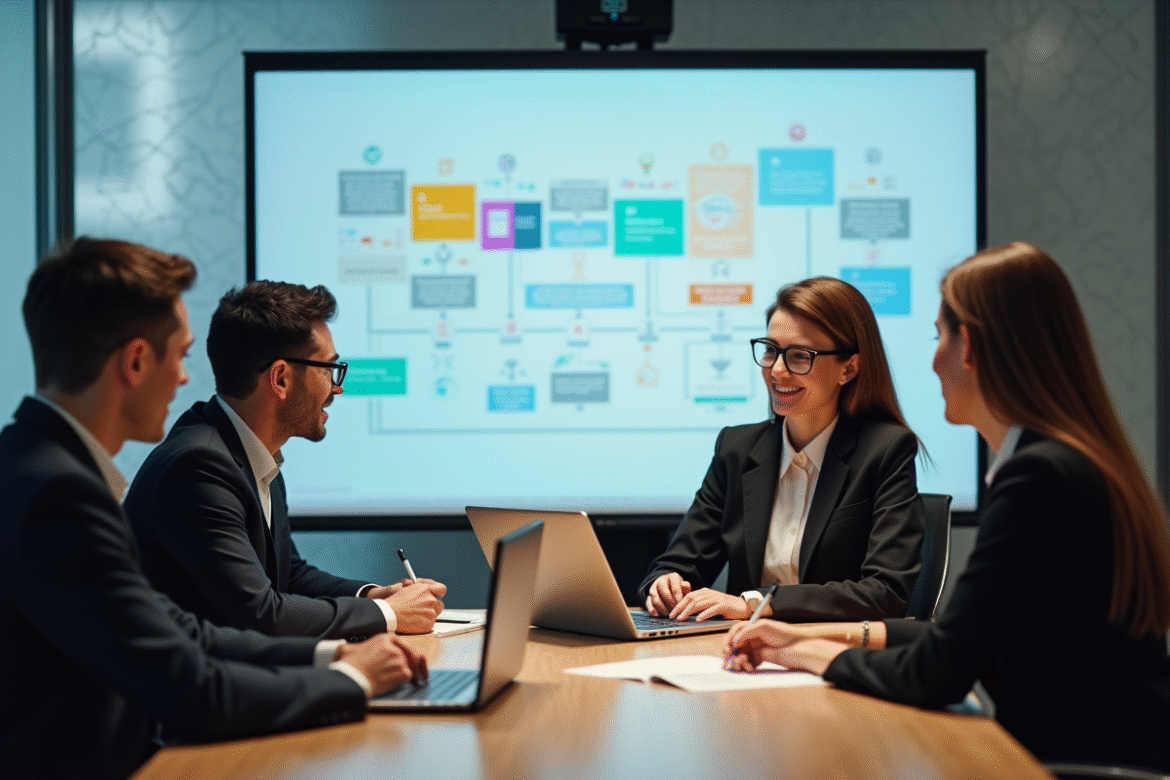 Groupe de professionnels en réunion autour d'une table moderne