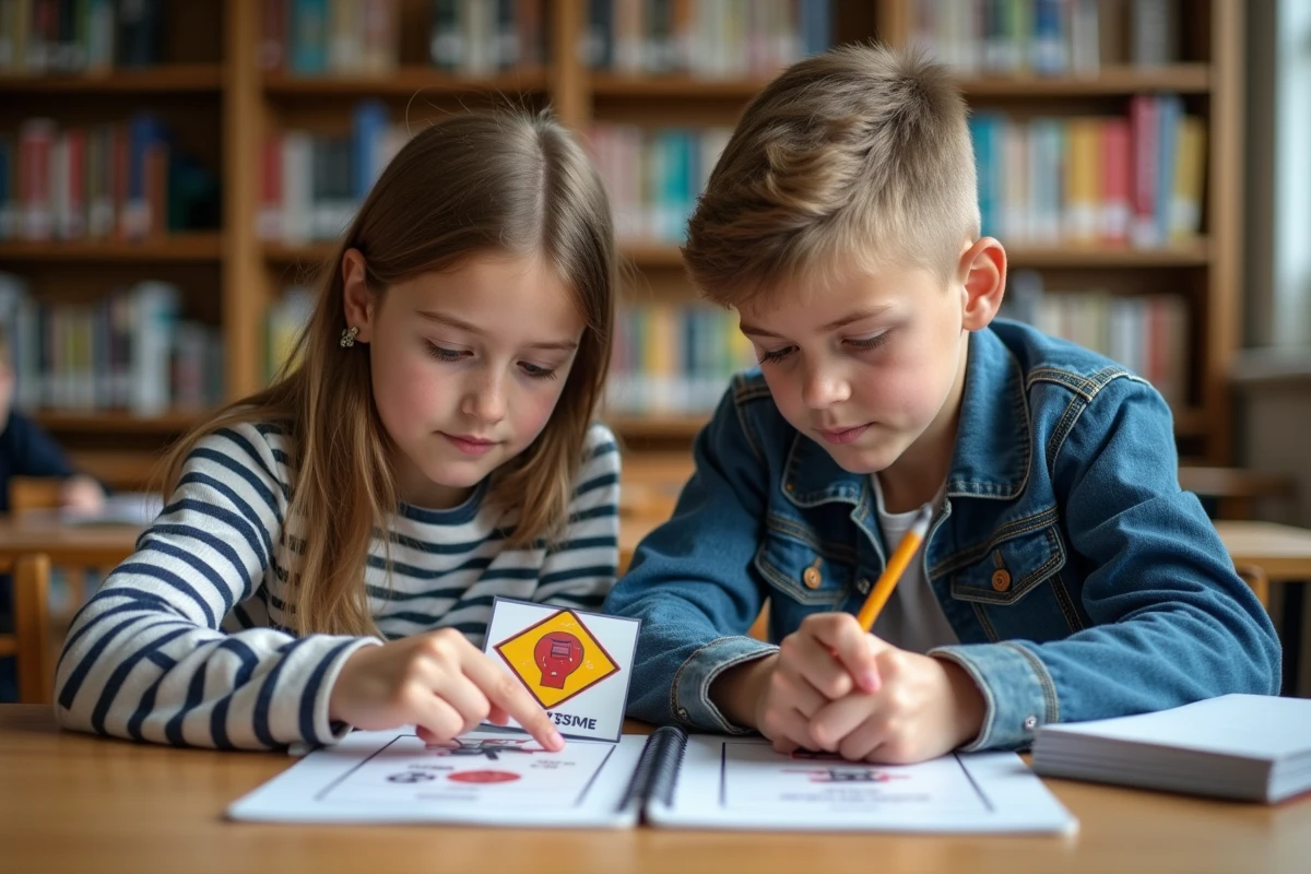 Deux adolescents révisant ensemble les panneaux de signalisation pour l'examen ASSR à la bibliothèque