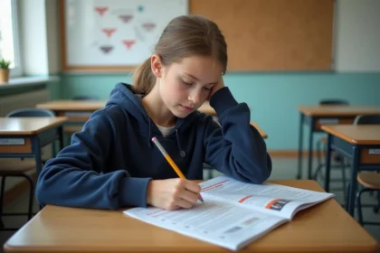Adolescente révisant son ASSR sur une fiche de révision sécurité routière en classe