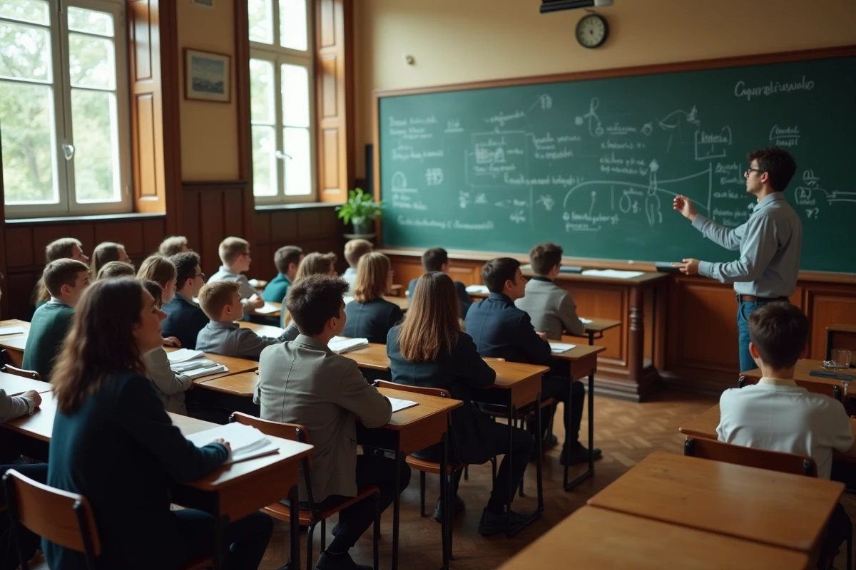 Salle de classe du plus grand lycée de France avec des élèves attentifs et un professeur au tableau