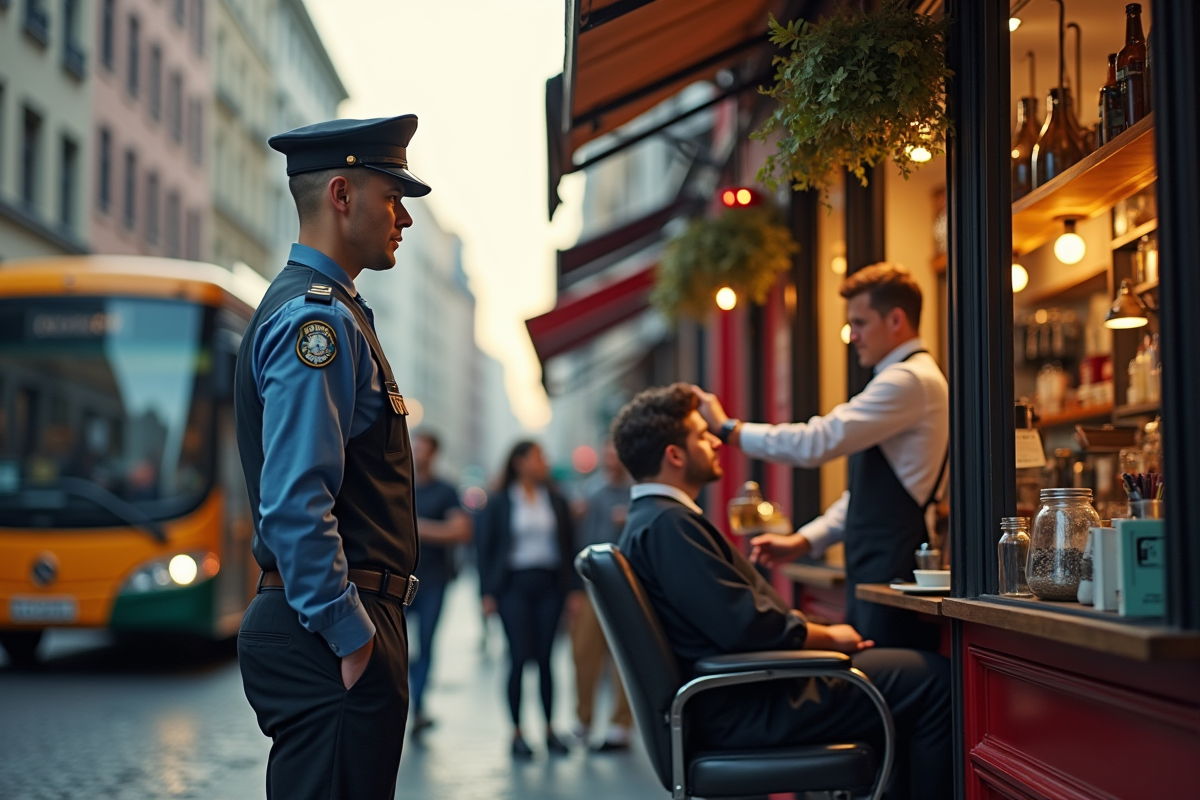 Scène de rue animée avec bus barista et coiffeur