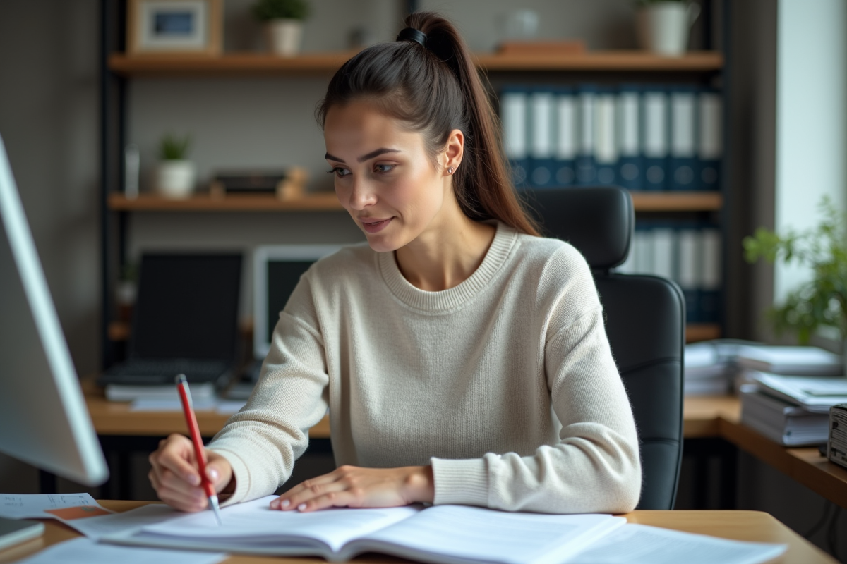 Femme en bureau vérifiant un manuel de transport