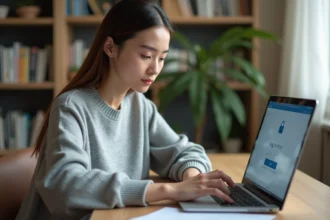 Jeune femme sécurisant son compte Cuyclade avec une authentification à deux facteurs sur un ordinateur portable