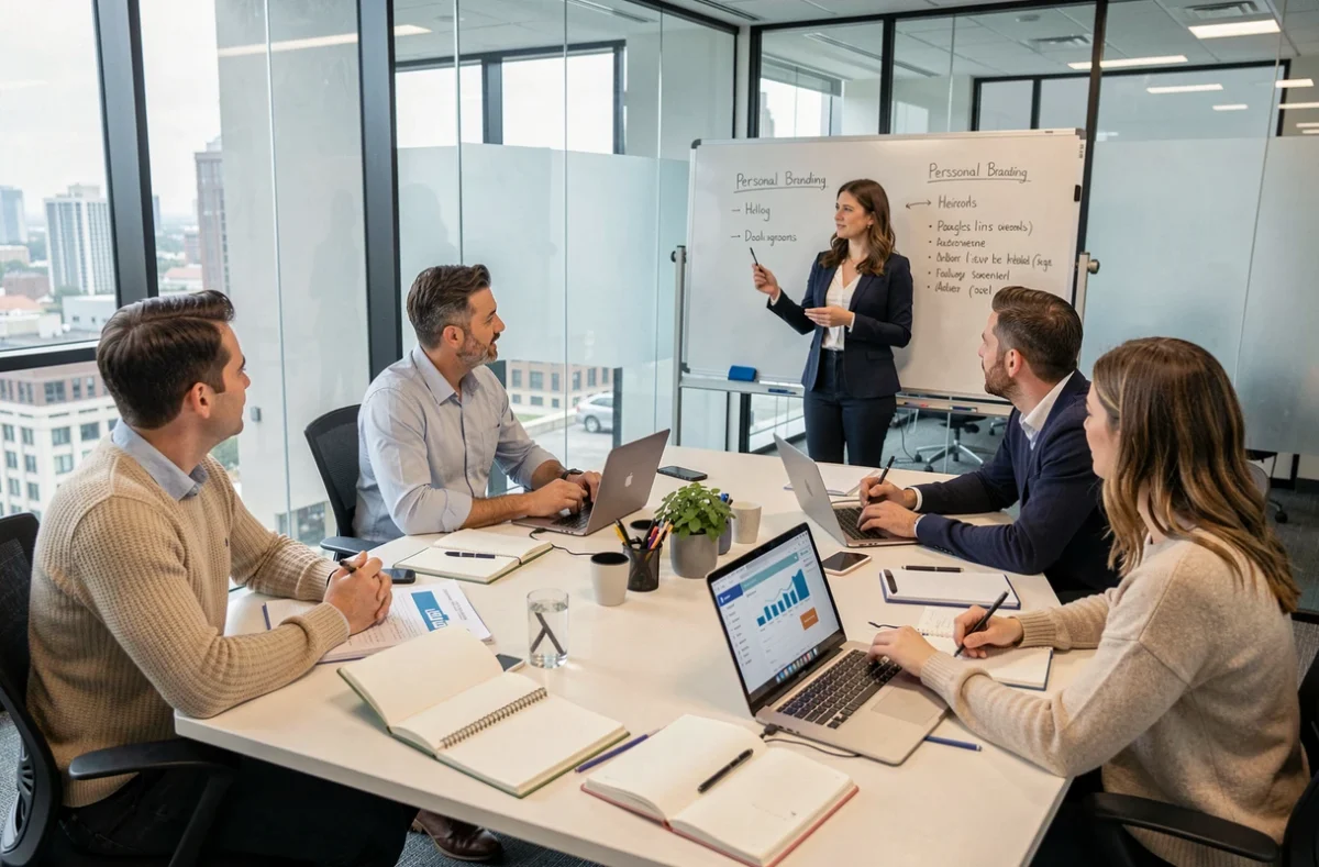 Groupe de professionnels participant à une session de formation LinkedIn autour d'une table de conférence moderne