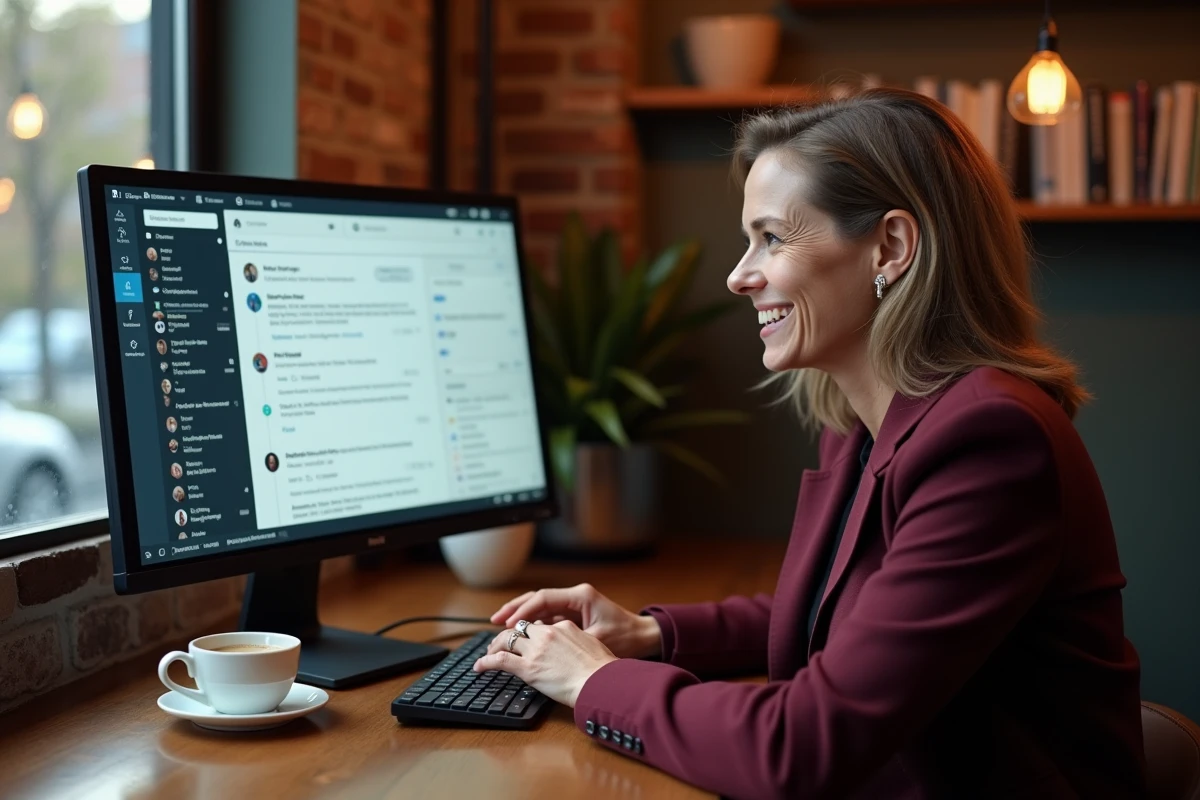 Femme en télétravail appliquant une méthode de social selling via LinkedIn depuis un café urbain avec un écran affichant des messages de prospection