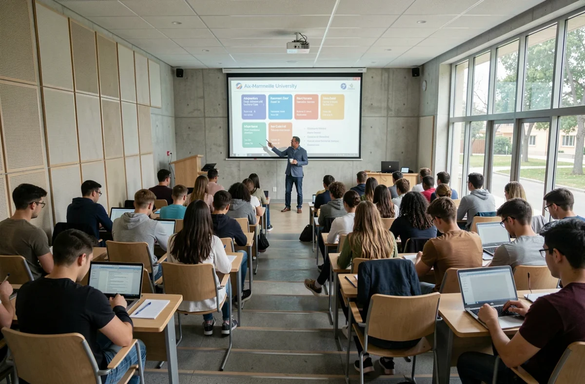 Amphithéâtre universitaire de l'Université Aix-Marseille avec un professeur présentant un cours de langues à des étudiants prenant des notes sur ordinateurs portables