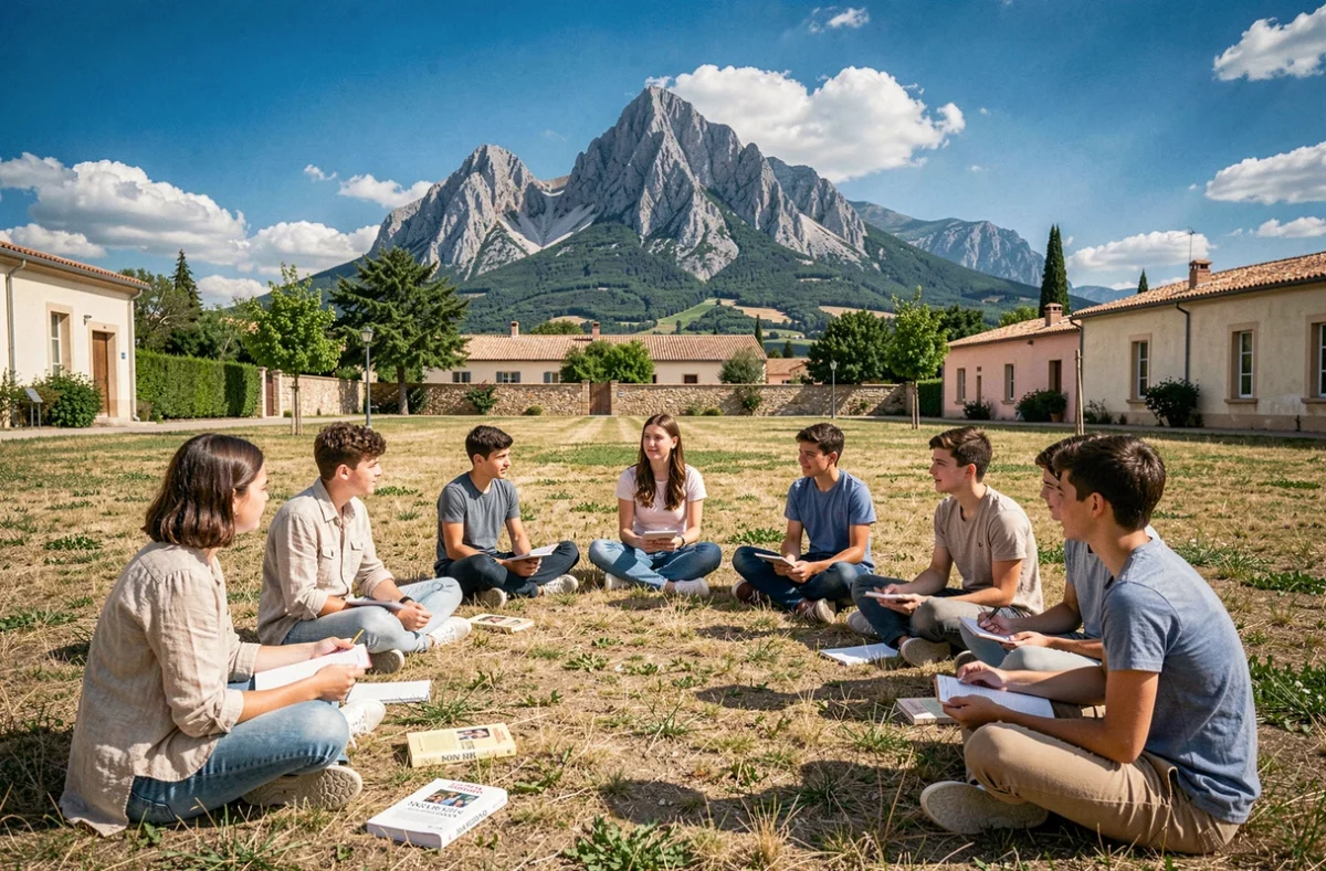 Enseignante animant un cours en plein air sur le campus de la Sainte Victoire International School avec le mont Sainte-Victoire en arrière-plan