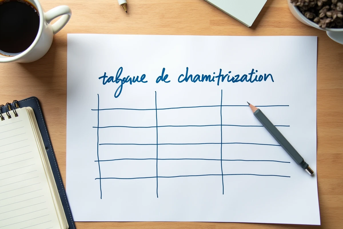 Tableau de caractérisation STMG annoté sur un bureau avec grille d'analyse organisationnelle