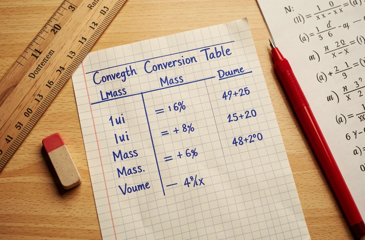 Vue de dessus d'un tableau de conversion manuscrit sur papier quadrillé entouré de règle et d'exercices de mesures résolus