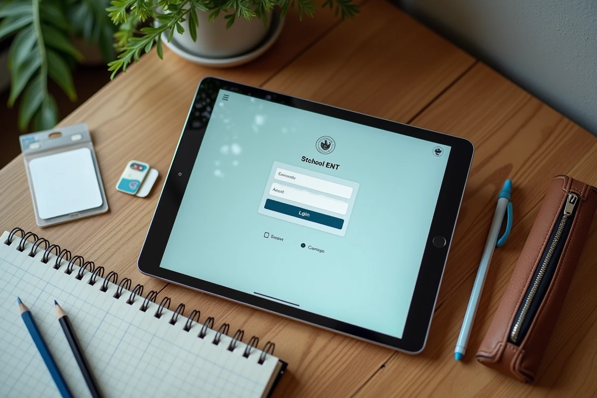 Tablette affichant l'interface ENT posée sur un bureau scolaire avec fournitures