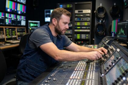 Technicien audiovisuel connectant des câbles XLR derrière une console de mixage professionnelle dans un studio de télévision