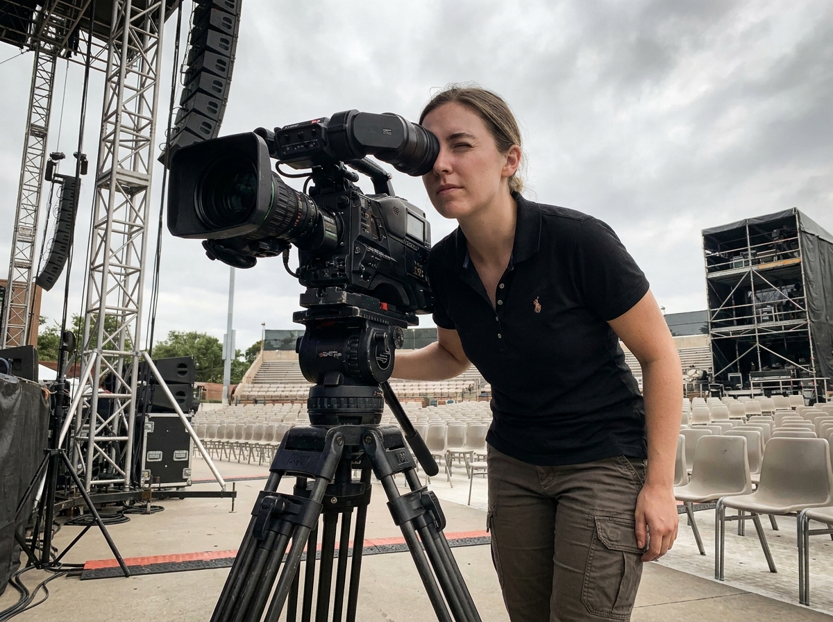 Technicienne audiovisuelle opérant une caméra professionnelle sur un pied lors d'un événement en extérieur