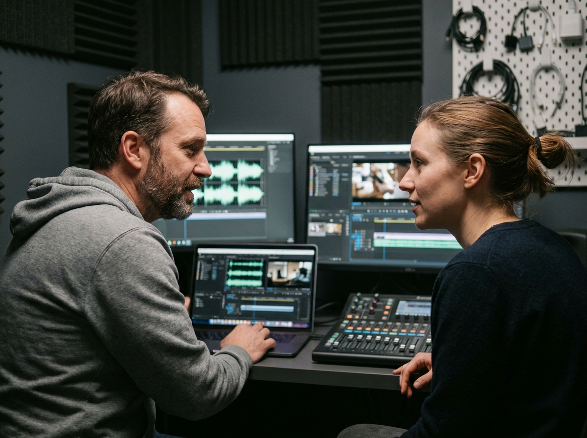 Deux techniciens audiovisuels en collaboration devant une station de travail audio numérique dans une salle de post-production